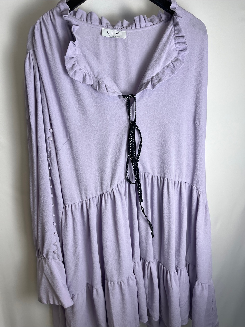 Elvi Lilac Ruffled Tie-Neck Dress with Black Dot Tie